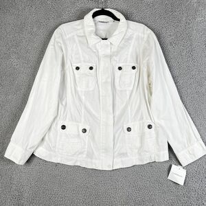 Croft Barrow Jacket Women 1X White Full Zip Snap Button Pockets Subtle Stripe